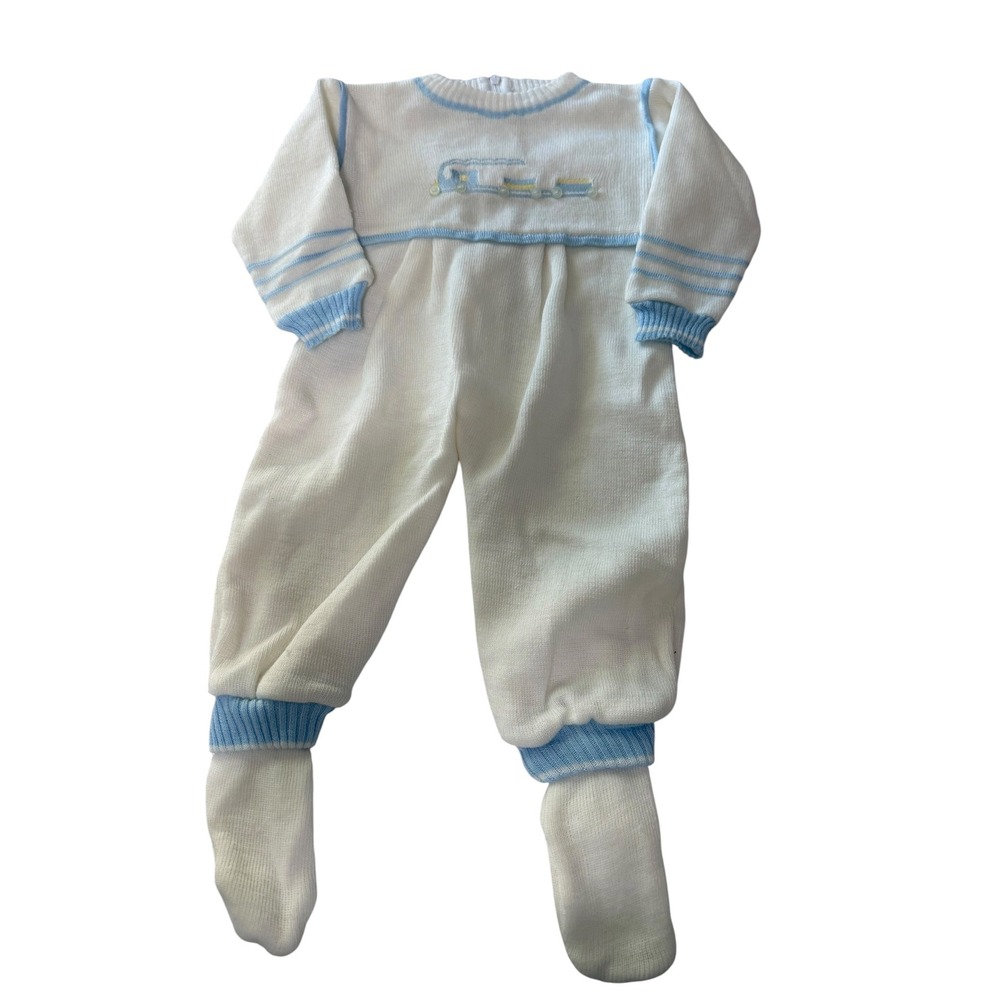 Carriage Boutiques Vintage Knit Train Footed Romper White Blue Boy One Piece
